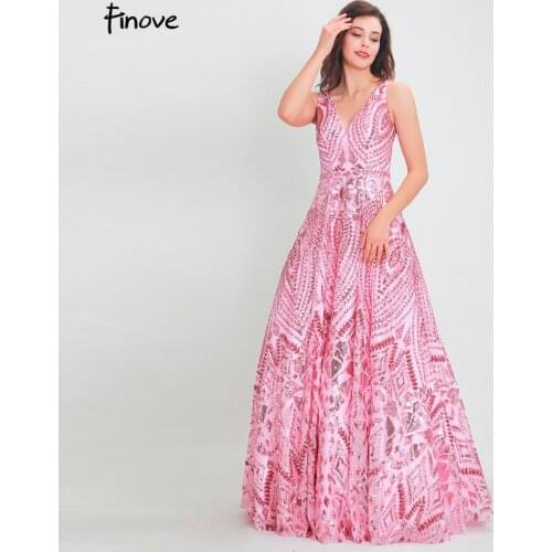 Finove Prom Dress 2020 Fushia Long New Sparkly Sequined Elegant A Line Sexy V Neck Formal Party Woman Dress vestido de fiesta