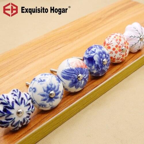 Ceramic Handle Antique Description Art Drawer Cabinet Door Wardrobe Bucket Door, Hand-Painted Blue White Porcelain