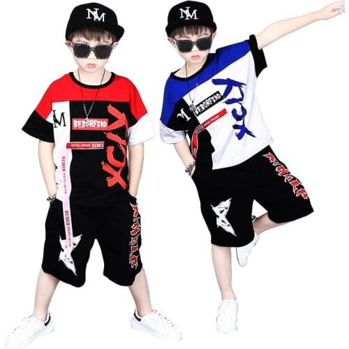 Big Boys Summer Woven Belts Sets Letters Print Color Patchwork Loose Fit T-shirts+Shorts 2PCS Clothing Sets Hip Hop Dancer Sets