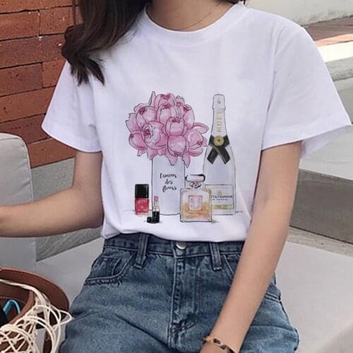 Summer Womens T-shirt Perfume Bottle Print T-shirt Summer Ladies Top Luxury Brand Harajuku Street Wear Tshirt Top Flower Tshirt