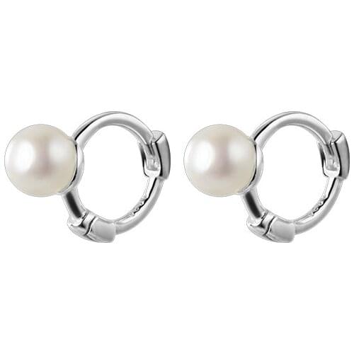 Small 10mm Authentic Real 100% 925 Sterling Silver Freshwater Pearl round ear-bone Hoop Huggie Earrings C-G7363