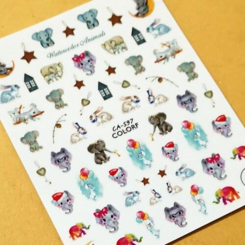 Newest CA-597 cartoon elephant design 3d nail sticker back glue nail decal decoration tips