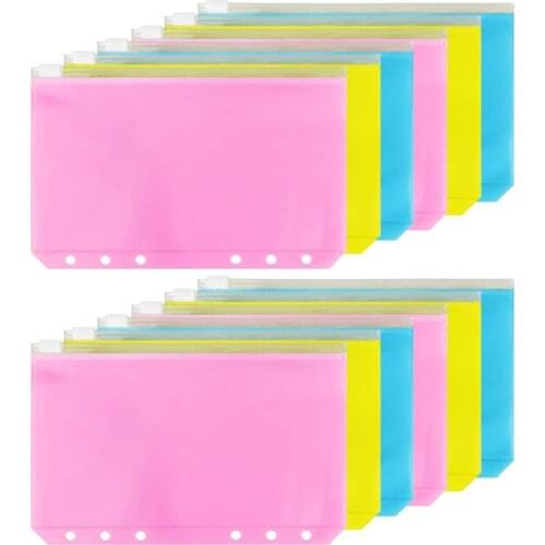 A6 Binder Pocket Colorful 6 Holes Loose Leaf Zipper Bag Plastic Binder Zipper Folders Waterproof File Bags for Documents Sticker