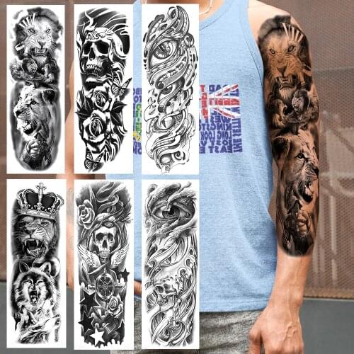 Full Arm Black Lion Temporary Tattoos Sticker For Women Men Fake Skull Rose Eyes Wolf Tattoos Paper Large Tatoos Body Art Sleeve