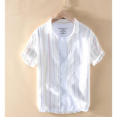 100% Linen Striped Shirts Short Sleeve Casual Turn-down Collar Shirts Man Fashion Breathable Tops Mens Clothing Y2719
