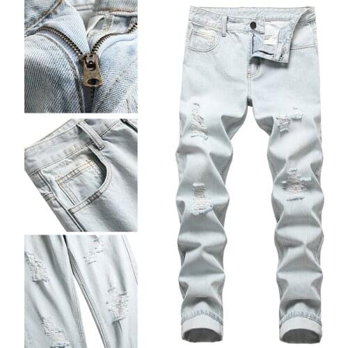 Ripped jeans mens summer thin section light color denim feet trend all-match casual pants men