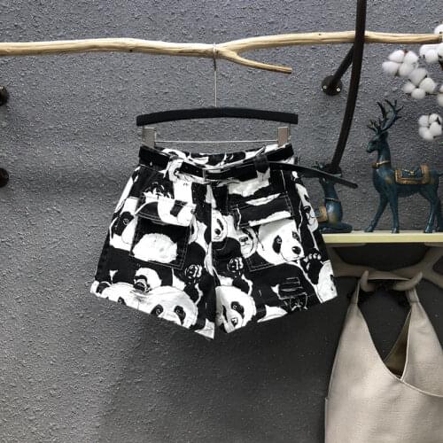 Panda Print Casual Women Denim Shorts 2021 New Summer Fashion High Waist Patch Pockets Loose Wide Leg Hot Short Jean