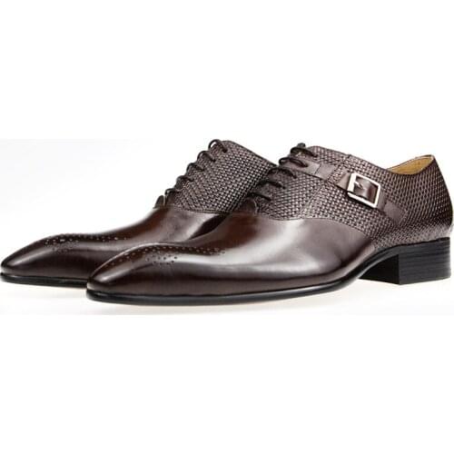 Mens Formal Genuine Leather Shoes Fashion Zapato Social Wedding Dress Loafer Oxford Weave Printing Lace-up Daily Brogue Shoes