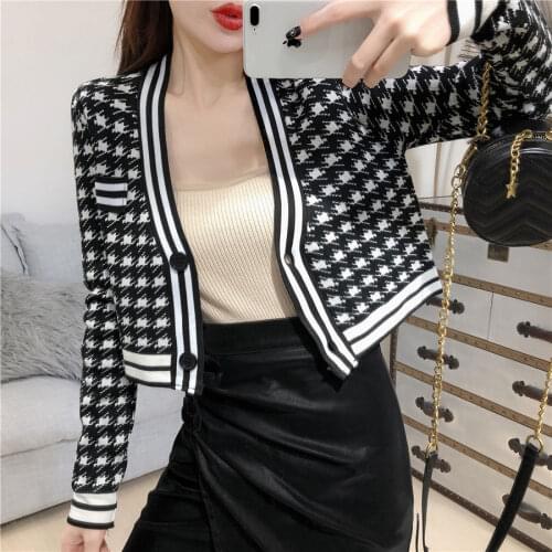 High Waist Black White Houndstooth Knitwear Womens Fall V-neck Cardigan Woman Sweaters Femme Chandails Pull Hiver
