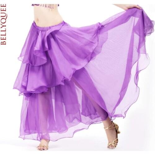 New 1 piece chiffon 3 layers Belly Dance Skirt Women With Split Curl Edge Ear Skirt Female Dance Cloth performance costume