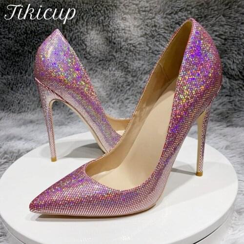 Tikicup Bling Pink Sequined Women Pointed Toe High Heels Wedding Party Bridal Shoes Ladies Designer Stiletto Pumps Size 33-45