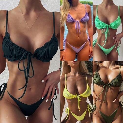 2021 Woman Sexy Solid Color Sling High Waist Bikini Split Swimsuit Women Bandeau Bandage Bikini Set Push-up Brazilian Swimwear