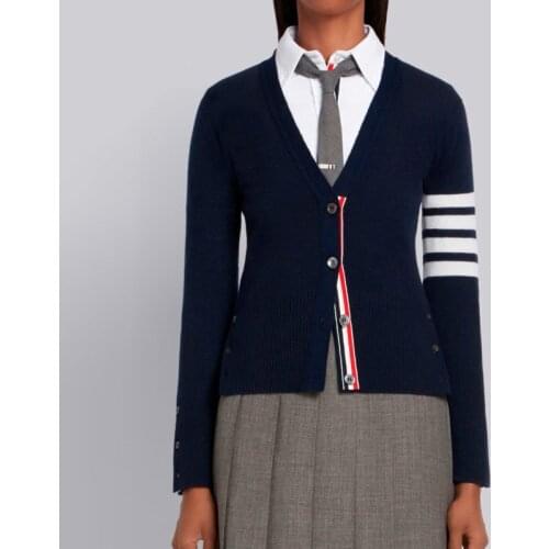 2021 Fashion TB THOM Brand Sweaters Women Slim Fit V-Neck Cardigans Clothing Striped Cotton Spring and Autumn Casual Coat