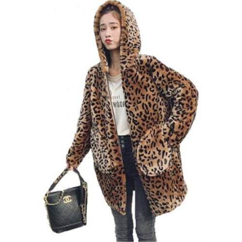 Leopard Womens Faux Fur Coats 2020 New Winter Loose Plus Size Female Imitation Mink Coats Hooded Pocket Lady Trendy Outerwear