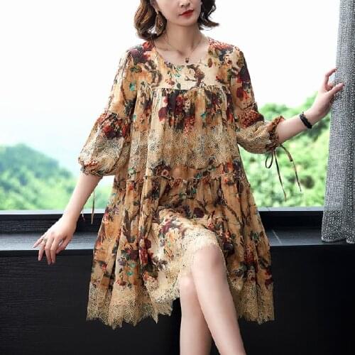 ZUOMAN 2021 Spring Summer Mulberry Silk Midi Dresses 4XL Plus Size Vintage Lace Print Runway Dress Elegant Women Party Vestidos