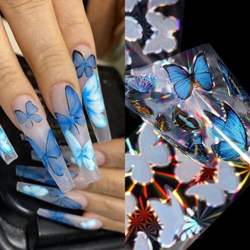 10Pcs Blue Butterfly Nail Foils Holographics Stickers for Nails Art Decals Sliders Transfer Paper Wraps DIY Manicures Decor Tips