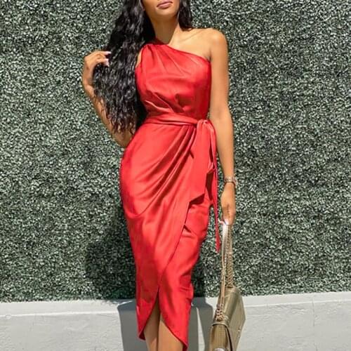 2021 Elegant One-shoulder Dress Buttocks Dark Green Dresses Sleeveless 2021 Ins Style Solid Color Slim Pencil Dress Clothing XL