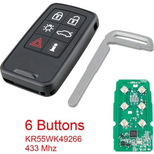 433MHz 6 Buttons Full Smart Remote Key Fob with ID46/7953 Chip and Insert Key Blade KR55WK49266 Fit for Volvo Smart Key Prox