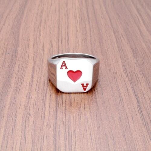Free Shipping Punk Size 7-12# Silver Color Red Epoxy Ace Of Hearts Ring 316L Stainless Steel Classic Poker Heart Letter A Rings