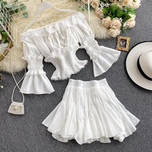 Jastie Summer Womens Suit French Ruffle Shoulder Flare Sleeve Suit Two-piece Short Solid Color Top High Waist Skirt 2 Piece Set