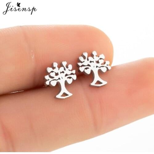 Jisensp Unique Life of Tree Stainless Steel Earrings Romantic Creative Heart Trees Stud Earrings Vintage Jewelry for Women