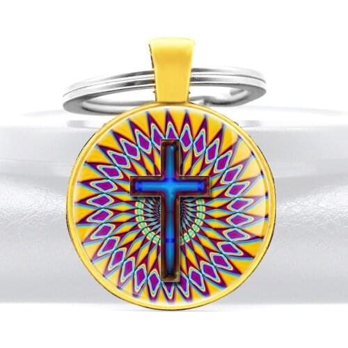 Classic Christ Cross Glass Dome Key Chain Christian Men Women Jewelry Key Rings