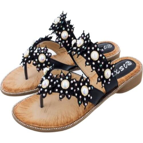 Summer Womens Flat Slippers Shiny Rhinestone Sandals Outdoor Beaded Holiday Sandals Womens Flip-Flop Sandals Womens Shoes