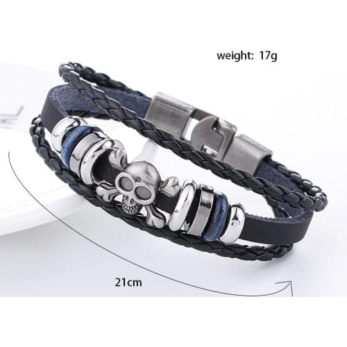 Multilayer Skull Bracelet Men Casual Fashion Braided Leather Bracelets For Women Wood Bead Bracelet Punk Rock Men Jewelry