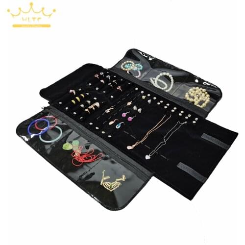 Fashion Black Velvet Jewelry Roll Bag with Zipper Bracelet Organizer Storage Pouch Portable Necklace Display Travel Bag