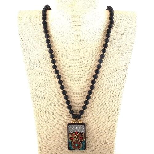 MOODPC Fashion Bohemian Tribal Jewelry Lava Stone Long Knotted Square Wood Pendant Necklaces Women Ethnic Necklace