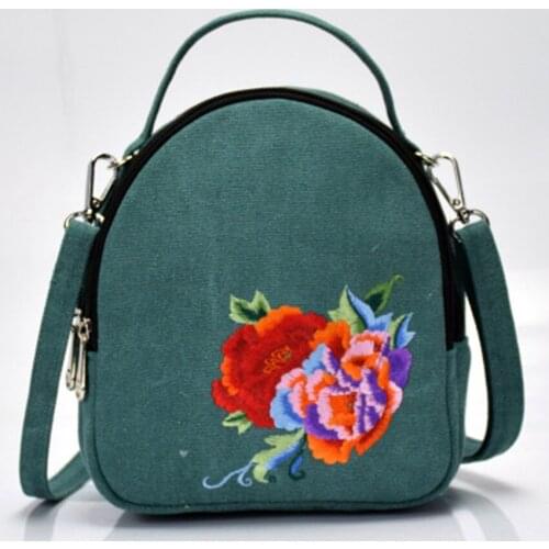 New ethnic style holiday embroidered bag canvas embroidery pouch Chinese style Peony portable diagonal shoulder bag