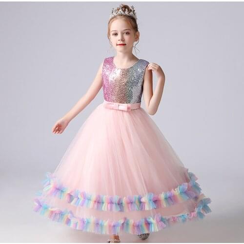 Girls Clothes Wedding Frock Gown Sequined Stitching Cake Mesh Skirt Flower Princess Summer Kids Tutu Dress
