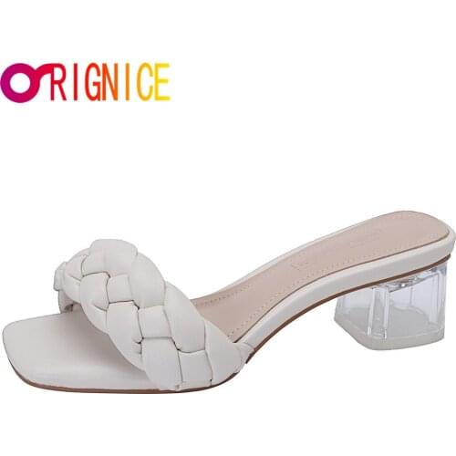 Orignice Summer Women Sandals Square Toe Ladies Special Transparent Heel Mules Sexy Braided Pleated Slippers Female Dress Shoes