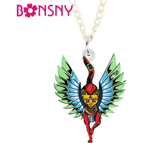 BONSNY Acrylic Green Egypt Wings Cat Kitten Necklace Pendant Fashion Long Chain Novelty Charms Party Jewelry For Women Girls