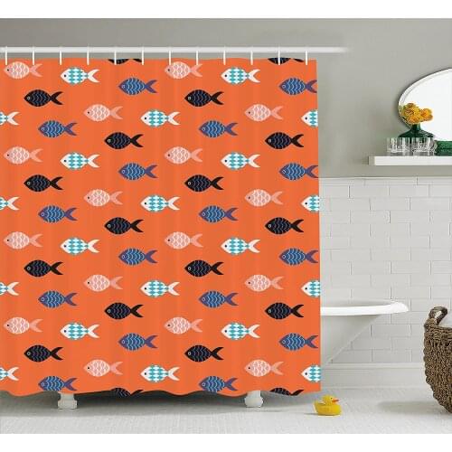 Peach Shower Curtain Fishes Motif Nautical Marine Sea Underwater Creature Animal Aquarium Ornate Forms Fabric Bathroom Decor
