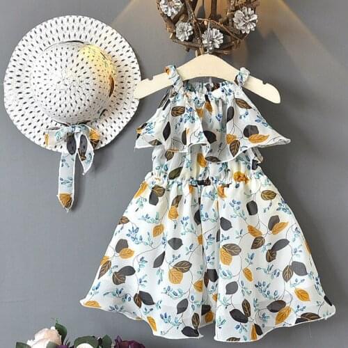Girls Dresses 2020 Summer New Childrens Clothing Girls Comfortable Chiffon Bohemian Holiday Wind Vest Dress + Hat