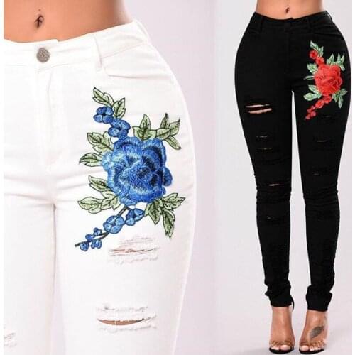 Sell Like Hot Cakes! Fashion Personality Slim Pencil Pants Low Waist Skinny Pencil Pants Black White Embroidered Womens Jeans