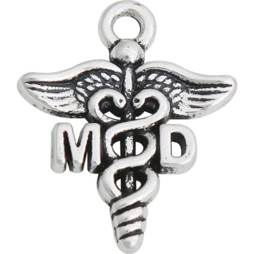 RAINXTAR Antique Silver Color Medical Sign Alloy MD Charms Vintage Caduceus Charms 19*23mm 50pcs AAC1298
