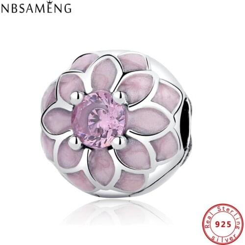 925 Sterling Silver Beads Pink Flower Safety Stopper Crystal Clip Bead Charms Fit Original Bracelets & Bangles Jewelry