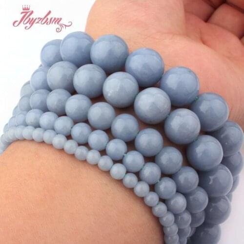 Blue Angelite Beads Round Smooth Natural Stone Loose Beads for Women Men DIY Accessories Necklace Bracelet Jewelry Making 15"