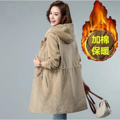 Quilted Warm Corduroy Jacket Womens Spring Jacket 2021 Autumn Winter New Middle-Aged Large Size Hooded Mid-Length Windbreaker