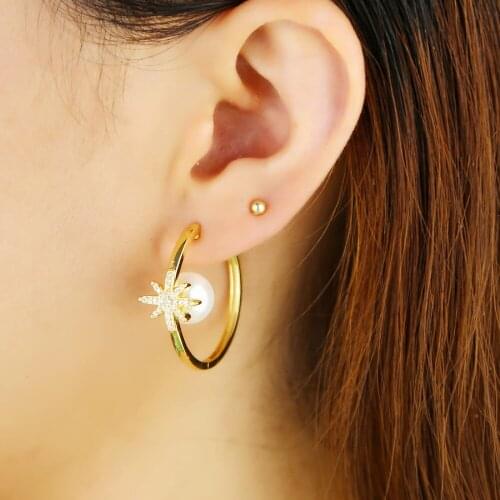 Women Elegant Chic White Pearls Star Round Hoop Earrings Girl Birthday Party Micro Paved Mini CZ Wedding Engagement Jewelry Gift