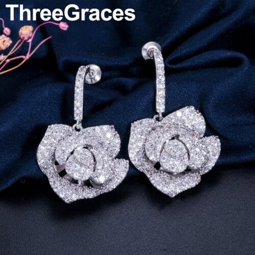 ThreeGraces Famous Brand Cubic Zirconia Pave Rose Flower Zirconia Crystal Big Drop Earrings For Women ER038