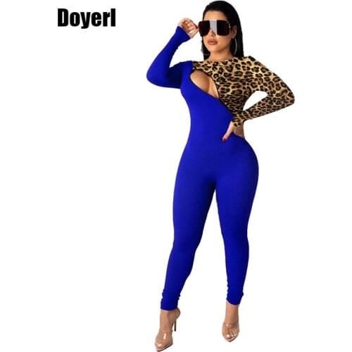 Leopard Patchwork Sexy Skinny Jumpsuit Women Slim Zipper Long Sleeve Bodycon Romper Female Overalls Party Club Romper Jumpsuit