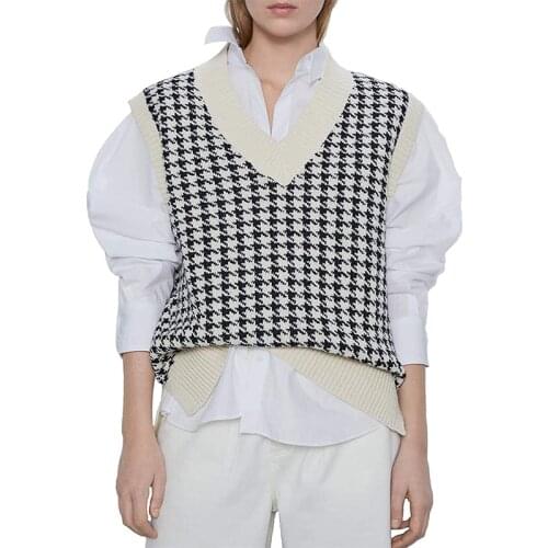 Women Houndstooth Loose Knitted Vest Sweater Girls V Neck Sleeveless Vintage Pullover Sweater Suits Female Waistcoat Chic Tops