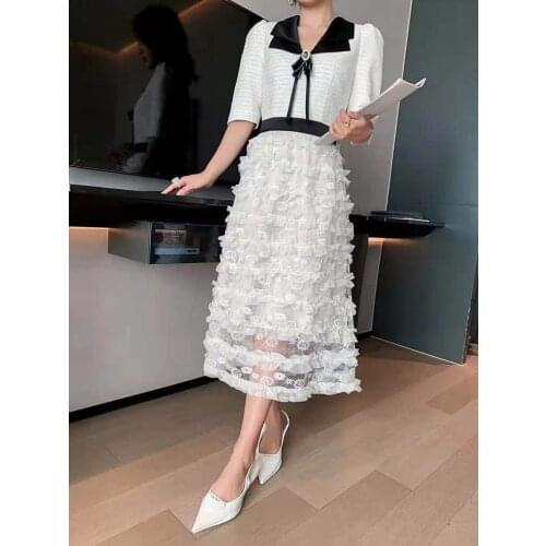 New Arrival Autumn Dress 2021 Fashion Style Women Cascading Ruffle Lace Patchwork Half Sleeve Mid-Calf Vintage White Dress Chic