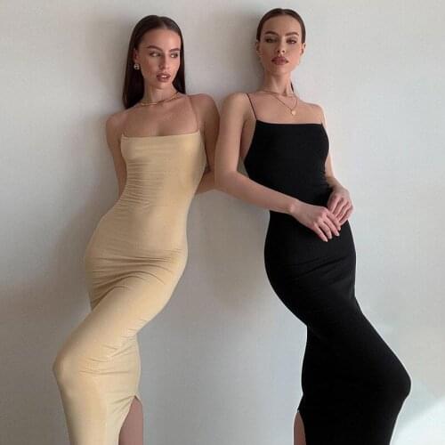 Elegant Party Long Dress for Women 2021 Summer Split Fashion Sexy Midi Dresses Spaghetti Strap Robe Boheme Femme Vestidos D034