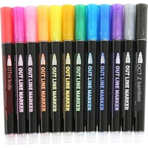 12 Colors Self Outline Metallic Markers, Permanent Marker Pens Craft Markers for Gift Card, Rock Painting, Album, Scrapbook