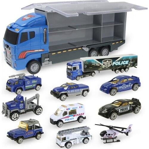 11pcs/set 2in1 Mini Diecast Police Trucks Alloy Engineering Toy Model Carrier Car with Ejection & Carry Function Birthday Gifts