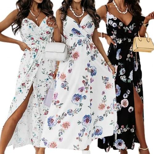 50% Hot Sales Fashion Women Dress Waist Tight Large Hem Floral Print Spaghetti Straps Slit Hem Dress for Party